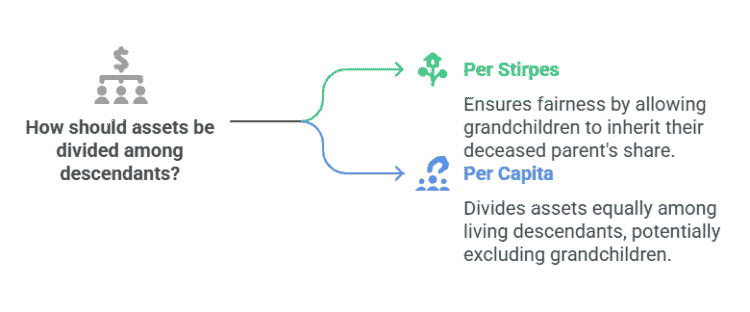 A graphic explaining how should assets be divided among descendants, per stirpes vs per capita