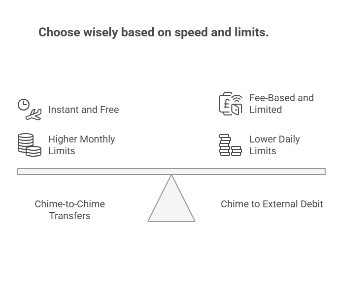 choose wisely based on your needs of speed and limits  Chime to chime vs chime to external debit