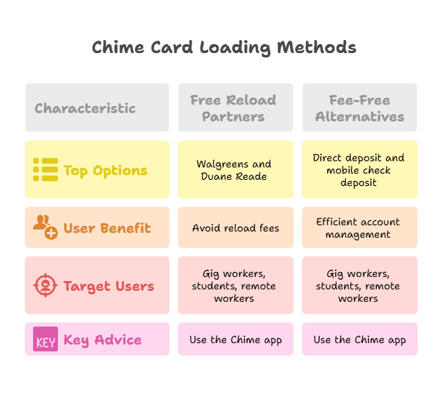 Chime card loading options, free reload partners and fee free alternatives