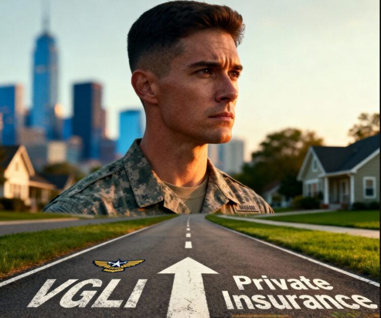 A man in military uniform stands on a suburban street with arrows labeled "VGLI" (Veterans Group Life Insurance) and "Private Insurance," suggesting a choice between the two options. City skyline in the background.