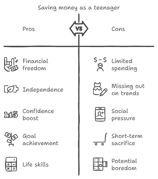 Chart showing the pros and cons of saving money as a teen