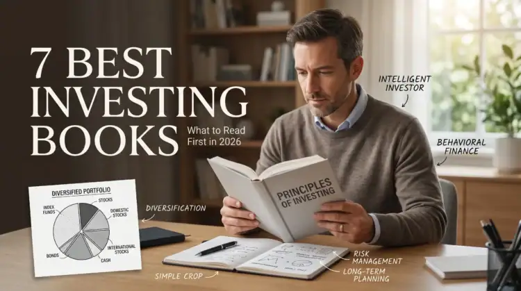 A man reads “Principles of Investing” at a desk with notes and a pie chart about portfolio diversification. Large text reads “7 Best Investing Books: What to Read First in 2026,” highlighting essential picks for anyone searching for the best investing books for beginners.