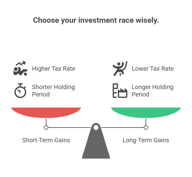 An infographic explaining the difference between long term and short-term capital gains tax rates