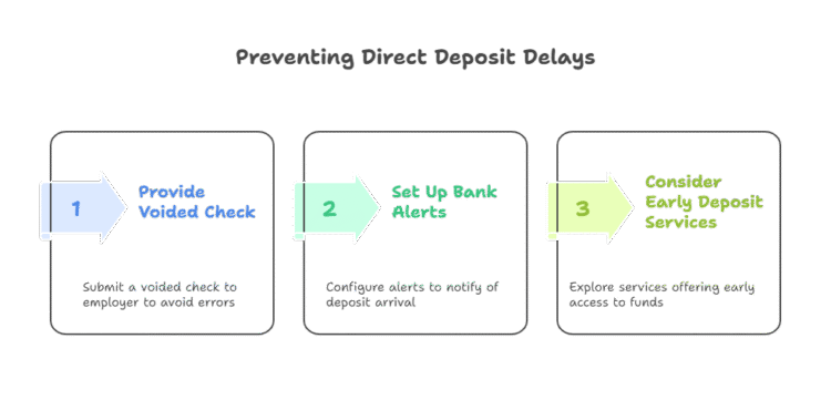 Infographic explaining the steps you can take to prevent delays in your direct deposits