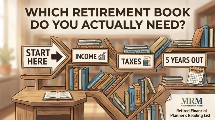 Retirement planning flowchart showing steps from income to taxes and 5 years out with books and charts.