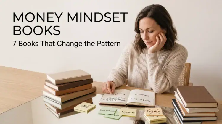 Money mindset books visual showing a woman reading and studying with stacks of books on financial growth and mindset development.