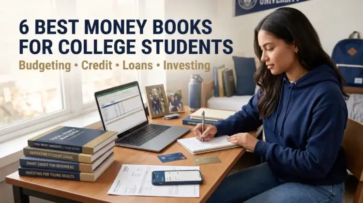 Personal finance books for college students showing a stack of books on budgeting, credit, loans, and investing with a student taking notes.