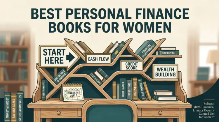 Bookshelf titled “Best Personal Finance Books for Women” with labeled sections: Start Here, Cash Flow, Credit Score, Wealth Building. Desk below has a calendar marked “Financial Goals.” The books feature finance-related titles specifically curated as the Best Personal Finance Books for Women.