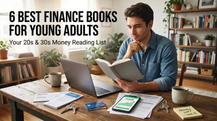 Finance books list for young adults showing a young man reading a book with a laptop and financial documents on the table.