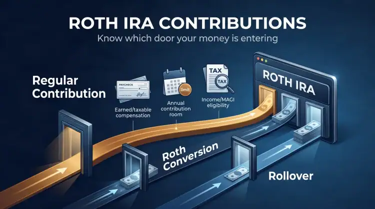 Roth IRA contributions chart showing regular contribution, Roth conversion, rollover, and tax benefits with visual arrows and icons.