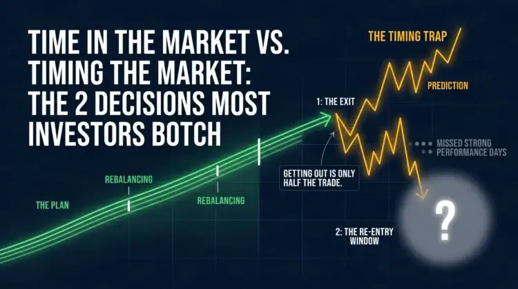 A graphic compares “time in the market” (steady green line) versus “timing the market” (volatile yellow line), illustrating how time in the market beats timing the market while highlighting common investor mistakes with labels like “the exit” and “the re-entry window.”.