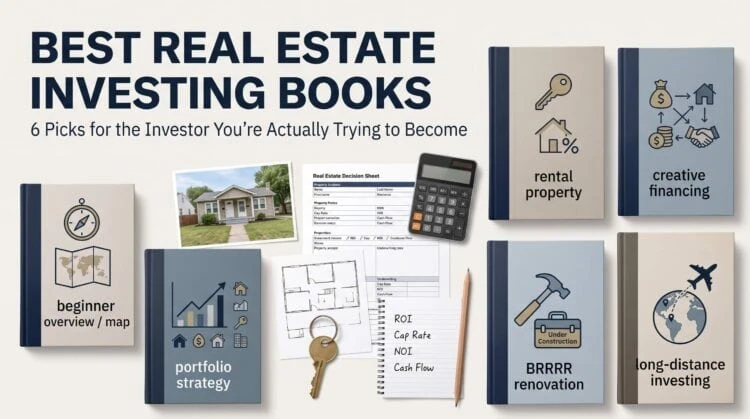 Real estate investing books cover with charts, calculator, and property images showing key concepts like rental property and renovation.