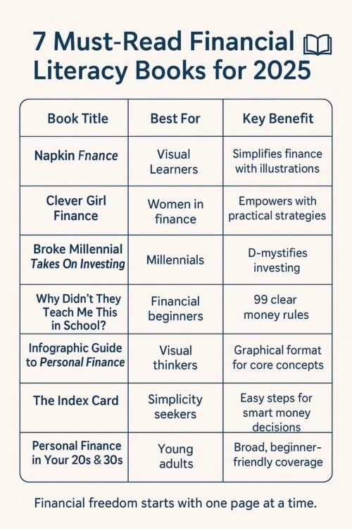 A chart lists 7 Financial Literacy books, each with its target reader and key benefit, under the heading “7 Must-Read Financial Literacy Books.”.