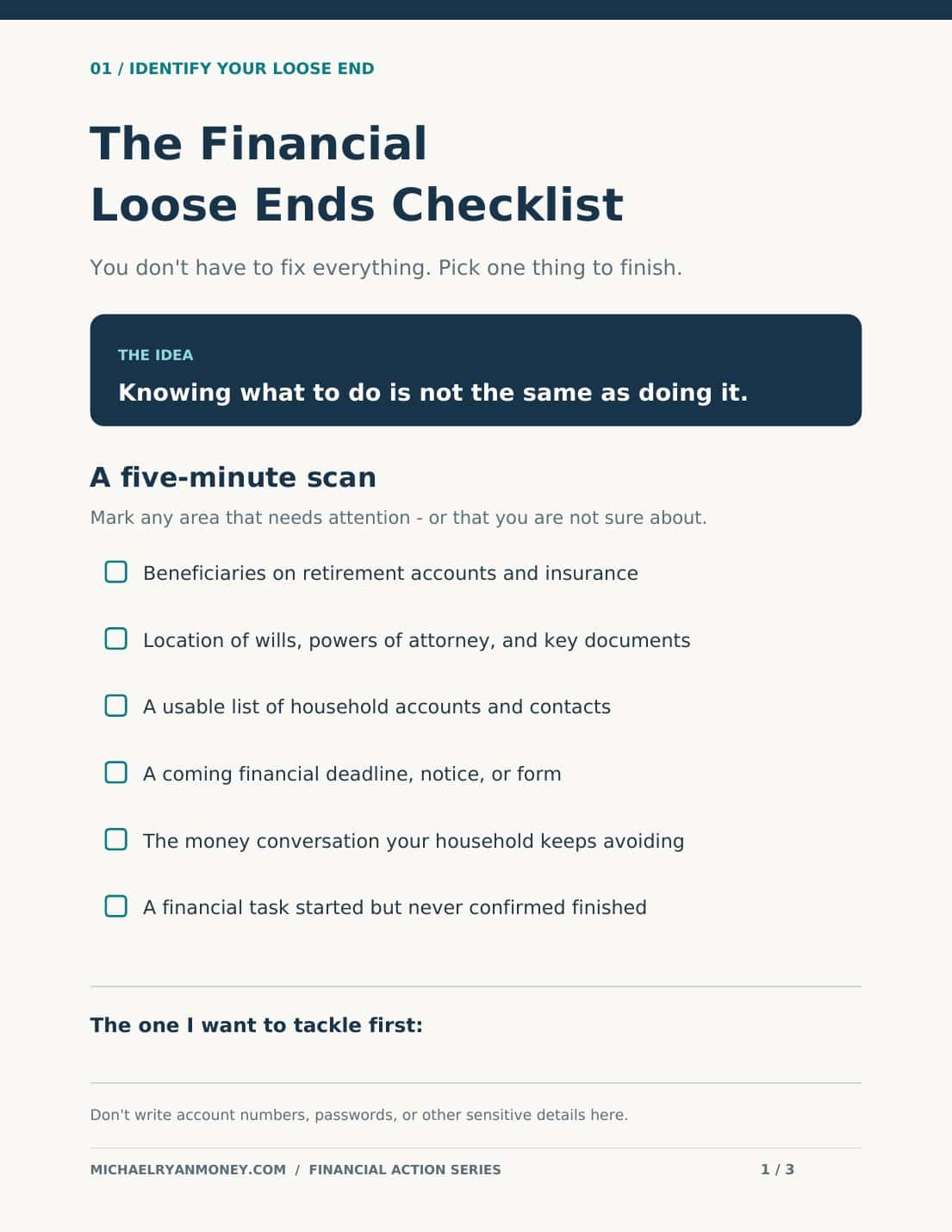 First page of the Financial Loose Ends Checklist with six money-admin checkboxes and space to select the one task to finish