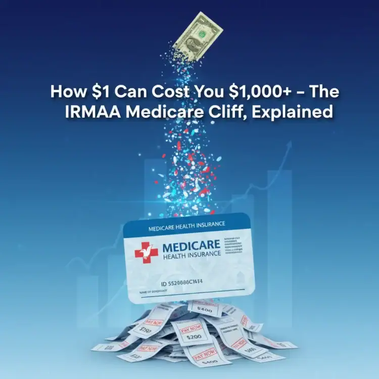 A dollar bill and sparkles rise from a stack of Medicare cards and cash, illustrating the financial impact of the IRMAA Medicare cliff—and why it’s important to plan ahead to avoid IRMAA.
