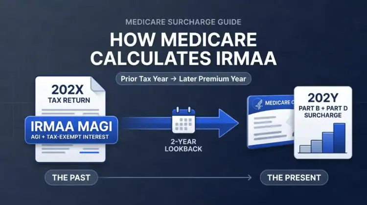 Medicare IRMAA MAGI chart showing tax return data and premium surcharge calculation process.