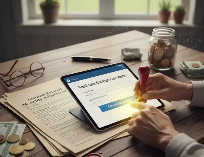 Medicare surtax calculator on tablet, financial planning for retirement, healthcare cost management, senior citizen financial strategy, Michael Ryan Money.