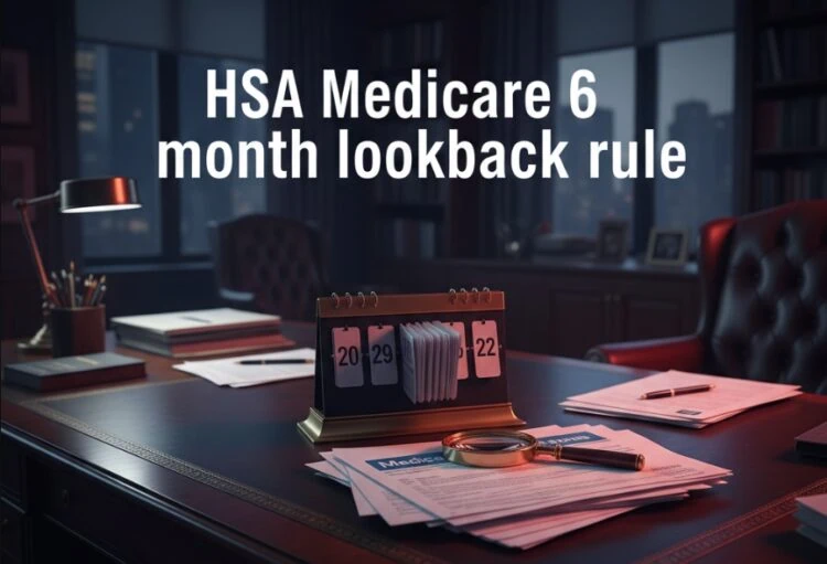 HSA Medicare 6 month lookback rule office desk with calendar and financial documents.