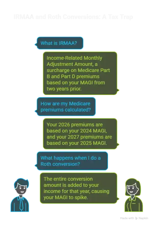 IRMAA explanation infographic, Medicare premium calculations, income-related monthly adjustment amount, Roth conversion impact, healthcare cost planning diagram.