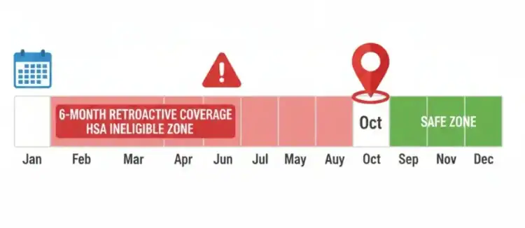 6-month retroactive health savings account (HSA) coverage elimination timeline chart with risk warning and safe zone indicator.
