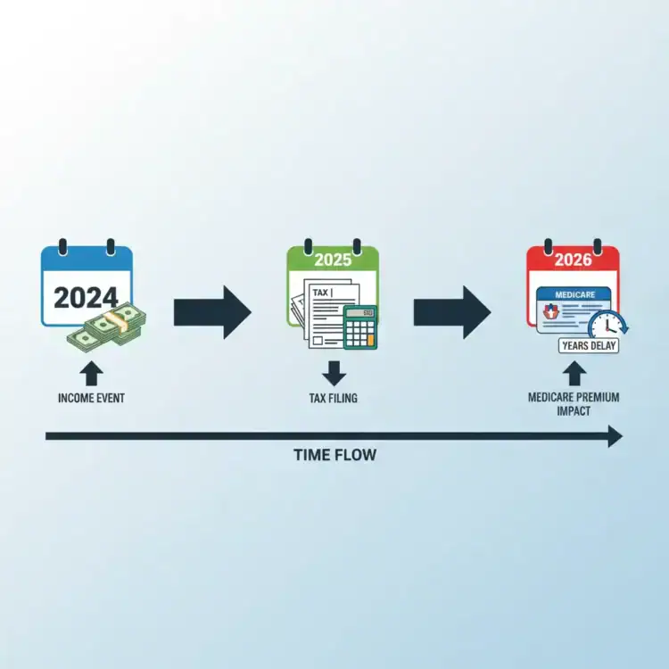 2024 to 2026 Medicare and tax timeline infographic showing income event, tax filing, Medicaid premium impact, and years delay, representing financial planning and Medicare strategy.