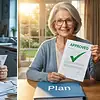 Split image: Left, an older woman looks worried at a "surcharge" bill among paperwork; right, she smiles holding an "approved" document above a folder labeled "Plan.