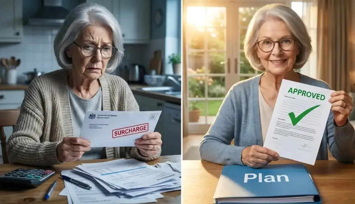 Split image: Left, an older woman looks worried at a "surcharge" bill among paperwork; right, she smiles holding an "approved" document above a folder labeled "Plan.