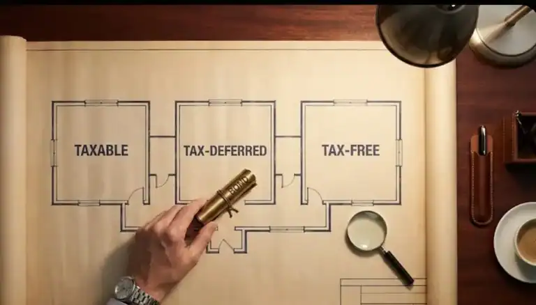 Asset location illustration comparing taxable, traditional retirement and Roth accounts for tax and Medicare income planning.