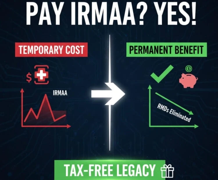 Pay IRMAA? Yes! Transition from temporary IRMAA costs to permanent tax-free benefits with reduced RMDs for retirement planning and financial independence.