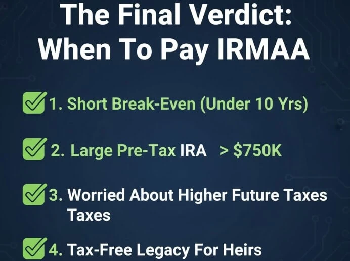 $alt_text = "Infographic on IRA tax strategies, including short break-even under 10 years, large pre-tax IRA over $750K, future tax concerns, and tax-free legacy for heirs.".
