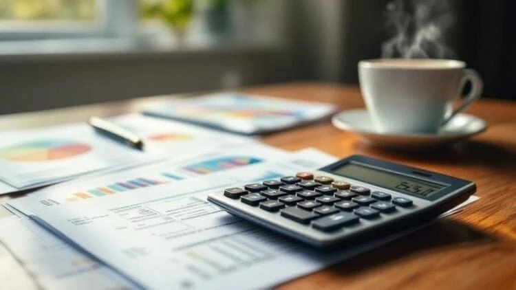 Financial planning and investment analysis with calculator, documents, and coffee on a wooden desk. Focus on wealth management services by Michael Ryan Money.