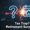 Question mark and house icon glowing with sparks representing financial questions about taxes and retirement planning; digital financial concept image.