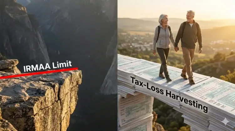 IRMAA limit cliff edge metaphor illustrating retirement income threshold and tax-loss harvesting concept with senior couple walking on large financial documents in scenic outdoor setting.