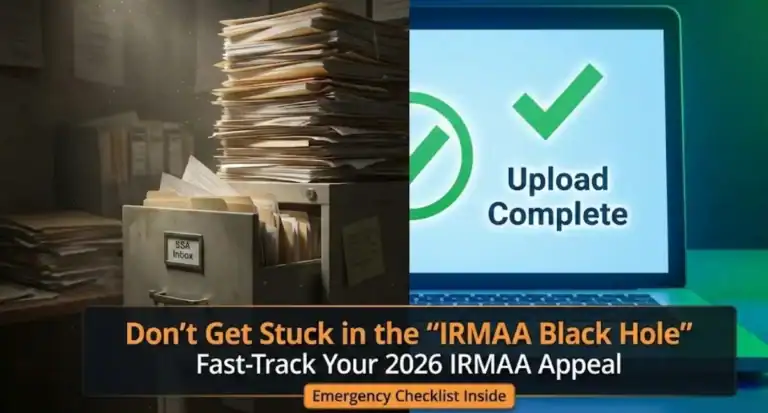 A file cabinet overflowing with papers sits beside a laptop displaying an "Upload Complete" message, highlighting how digitizing documents can fast-track the 2026 IRMAA appeal process.