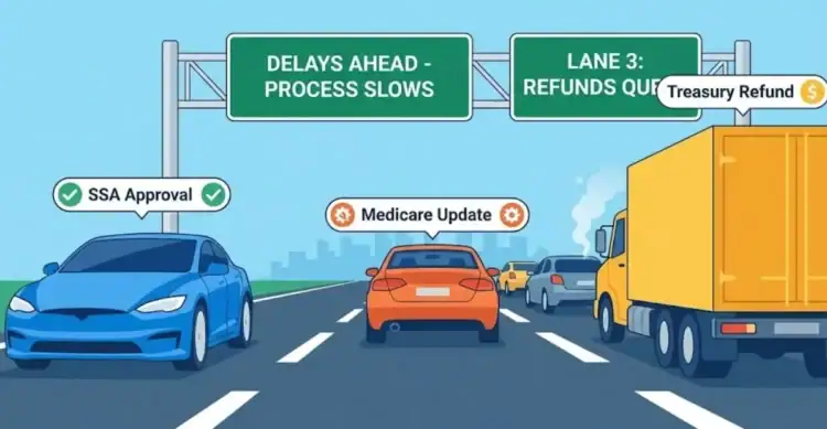 1. Illustration of highway traffic delays and process bottlenecks, showing car, truck, and lane signs related to refunds, Medicare updates, and SSA approval.