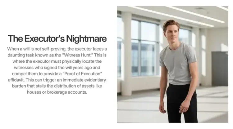 A man in a grey t-shirt stands in a bright, modern room next to text explaining the challenges executors face when a will is not self-proving.