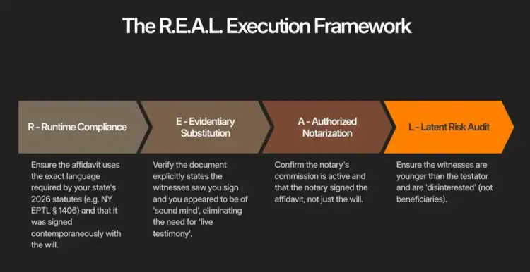 1. Framework for R.E.A.L. Execution in estate planning and notarization, emphasizing legal compliance and risk reduction strategies.