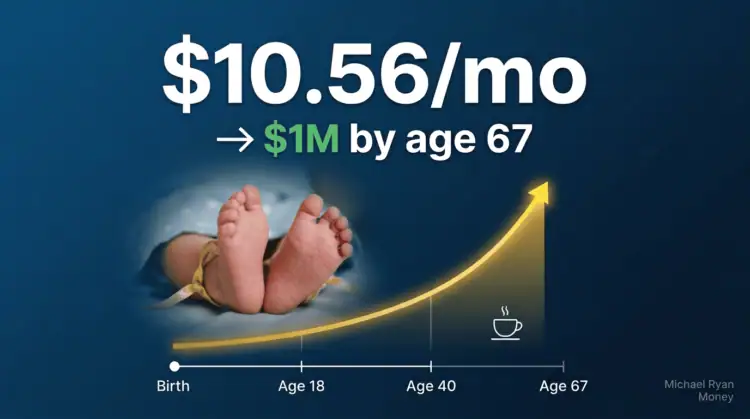 Investing for a newborn growth chart showing $10.56/month saving accumulating to $1M by age 67 with a rising yellow line and baby feet in the background.