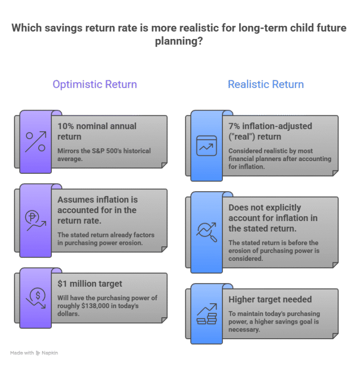 Descriptive chart showing comparison of nominal vs. inflation-adjusted returns for long-term investing. Visualizes key data points on investment growth and inflation impact.