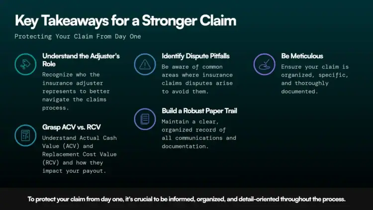 A visual chart illustrating key steps in managing insurance claims, including understanding the adjuster's role, identifying dispute pitfalls, and building a solid paper trail for effective claim prot.