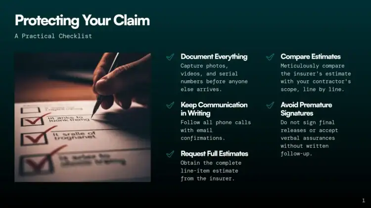Descriptive ALT text showing a checklist with steps for protecting your home insurance claim, including documenting everything, keeping communication in writing, requesting full estimates, comparing e.