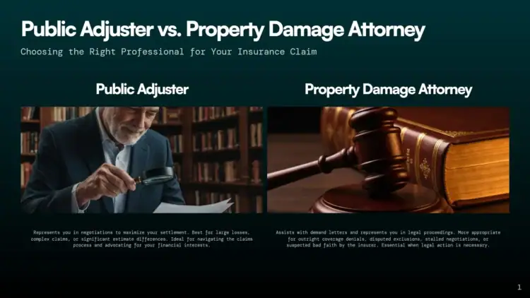 A detailed chart comparing public adjusters and property damage attorneys, highlighting their differences in handling insurance claims and legal support for homeowners.