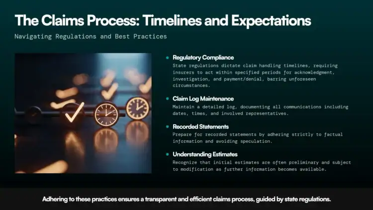 Insurance claims process timeline showing key stages including regulatory compliance, claim log maintenance, recorded statements, and understanding estimates.