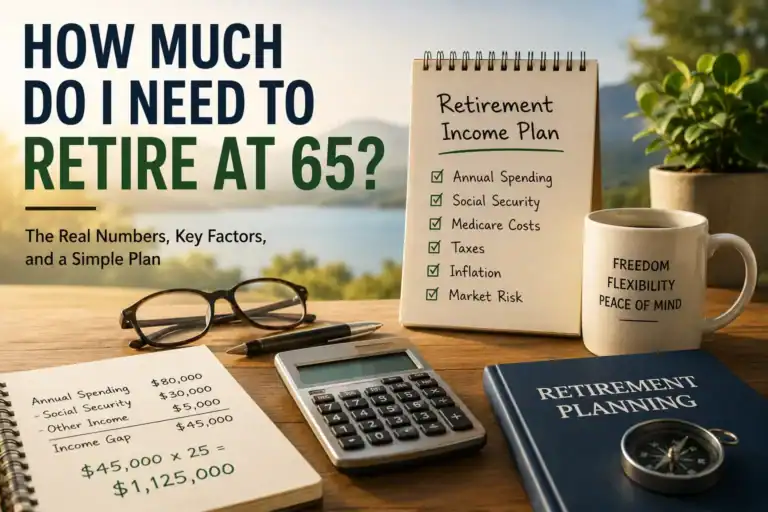 Retirement planning chart showing savings needed at 65 with key factors like social security and taxes.