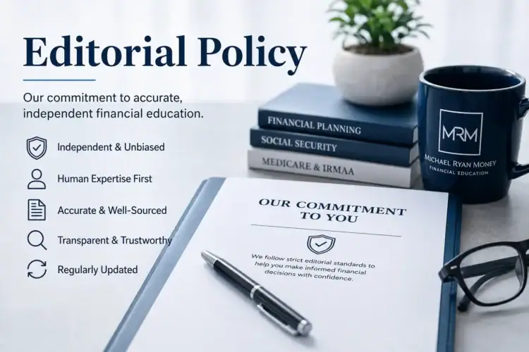 Editorial policy featured image showing a professional financial education desk scene with documents, financial planning books, and trust-focused editorial standards.