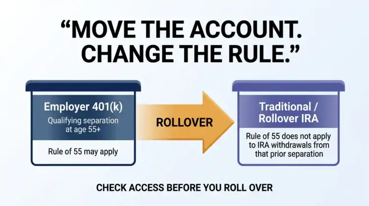 Diagram showing qualifying Rule of 55 money in an employer 401(k) moving through a rollover to an IRA, where that prior employer separation no longer provides Rule of 55 treatment.