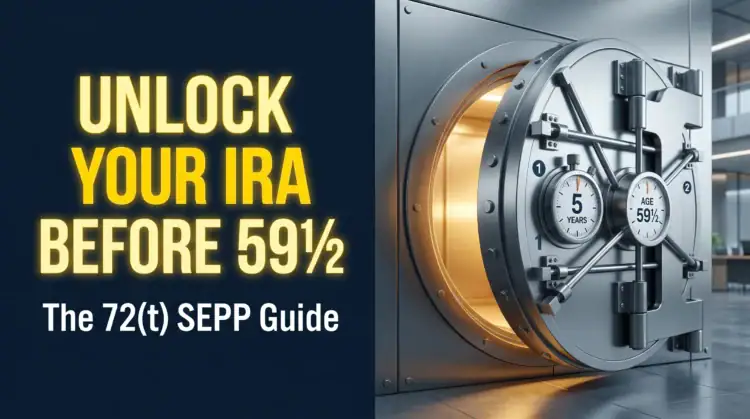 A large vault door next to bold yellow text reading, “Unlock your IRA before 59½: The 72(t) SEPP Guide,” with dials showing 5 years and age 59½, visually illustrating how the 72(t) rule can help you access your retirement funds early.