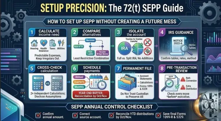 Retirement planning chart showing SEPP setup steps including calculation, comparison, and IRS guidance for early access to retirement funds.