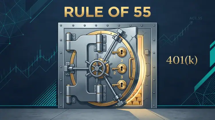 A vault labeled “Rule of 55 for 401k” and “401(k)” is open, revealing gold bars inside. Graph lines and “AGE 55” appear in the background, symbolizing retirement savings access at age 55.