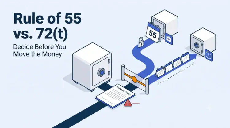 Retirement withdrawal strategies chart comparing Rule of 55 and 72(t) with visual elements showing decision points and risk factors.